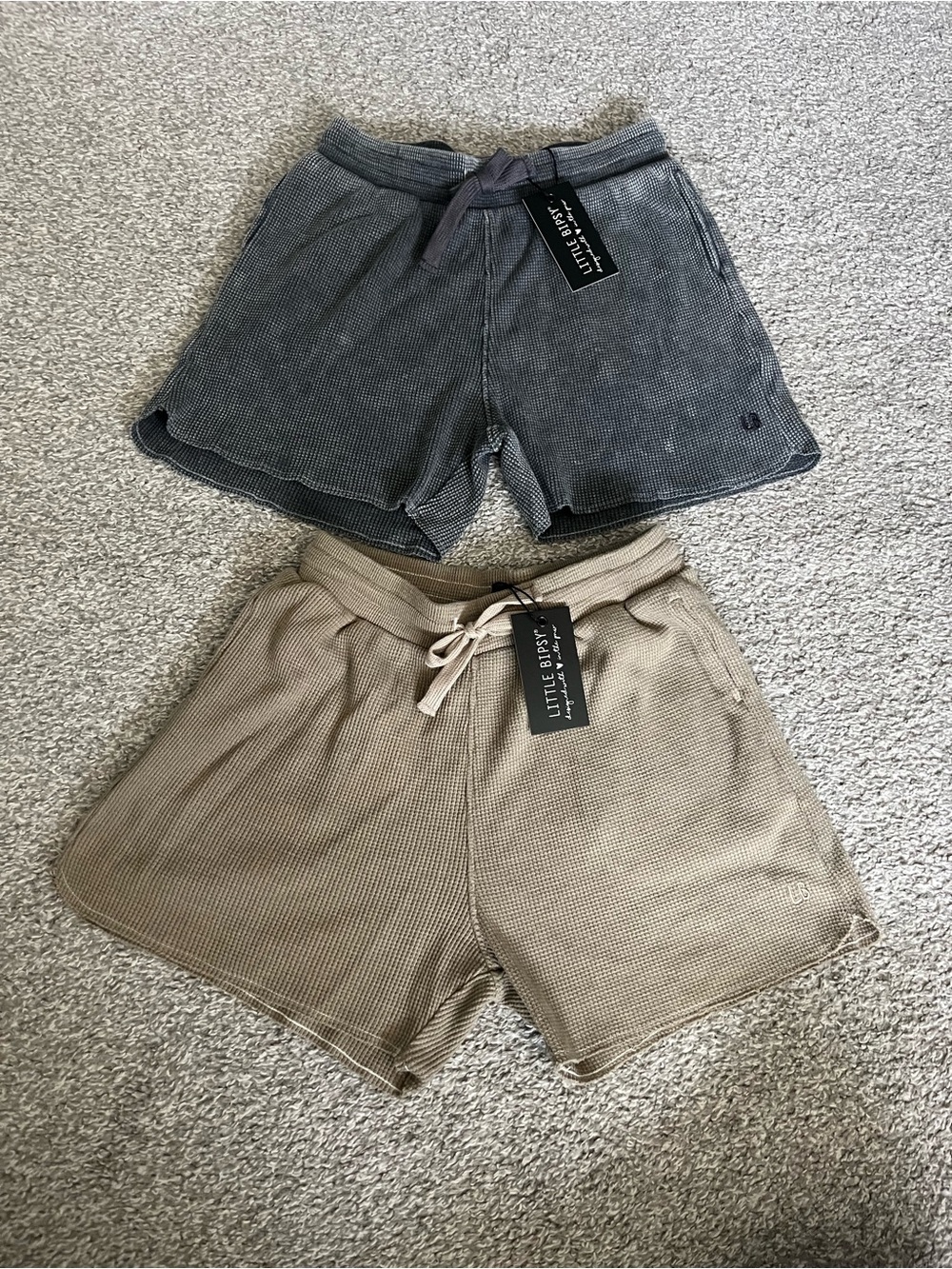 NWT Little Bipsy Waffle Knit Shorts - acid wash black and tan/taupe. Size 5-6T